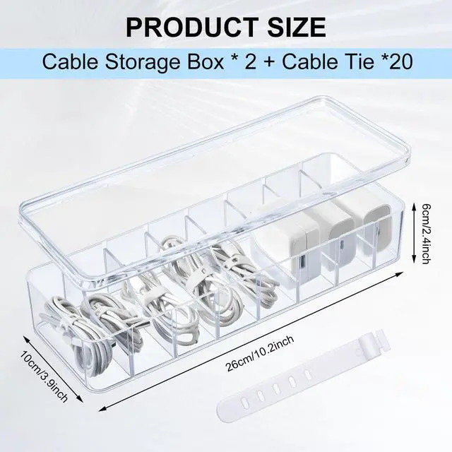 Alt view image 2 of 7 - 2 Pcs Cable Organizer Box with Wire Ties, Plastic Cord Storage Box with Lid, Electronics Organizer for Home Office Desk Organizers and Accessories (Clear)