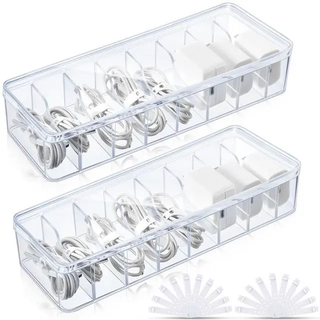 Main image of 2 Pcs Cable Organizer Box with Wire Ties, Plastic Cord Storage Box with Lid, Electronics Organizer for Home Office Desk Organizers and Accessories (Clear)