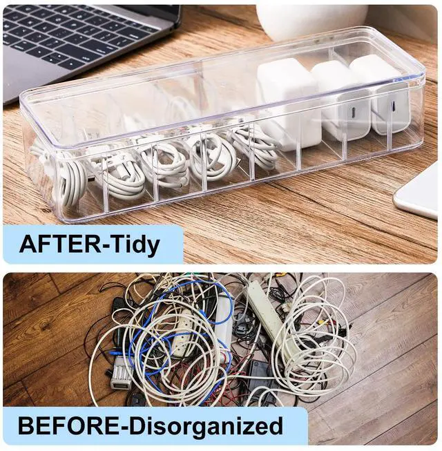 Alt view image 6 of 7 - 2 Pcs Cable Organizer Box with Wire Ties, Plastic Cord Storage Box with Lid, Electronics Organizer for Home Office Desk Organizers and Accessories (Clear)