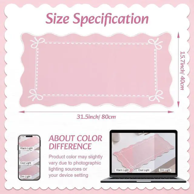 Alt view image 2 of 7 - Scalloped Bow Desk Mat Cute Coquette Large Mouse Pad Kawaii Cottagecore Vintage Rustic Keyboard Pad Nonslip 2026 Graduation Gift with Stitching Waterproof Gaming(Pink)