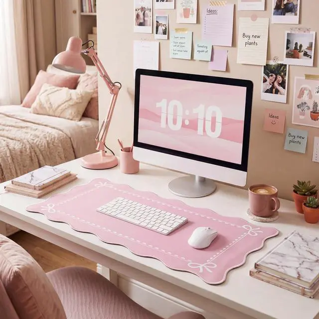 Alt view image 3 of 7 - Scalloped Bow Desk Mat Cute Coquette Large Mouse Pad Kawaii Cottagecore Vintage Rustic Keyboard Pad Nonslip 2026 Graduation Gift with Stitching Waterproof Gaming(Pink)