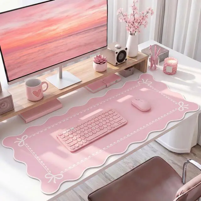 Alt view image 6 of 7 - Scalloped Bow Desk Mat Cute Coquette Large Mouse Pad Kawaii Cottagecore Vintage Rustic Keyboard Pad Nonslip 2026 Graduation Gift with Stitching Waterproof Gaming(Pink)