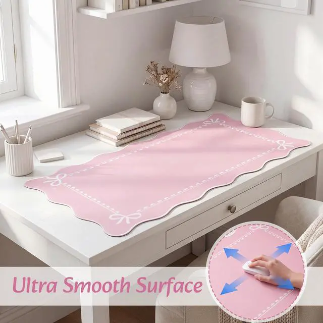 Alt view image 7 of 7 - Scalloped Bow Desk Mat Cute Coquette Large Mouse Pad Kawaii Cottagecore Vintage Rustic Keyboard Pad Nonslip 2026 Graduation Gift with Stitching Waterproof Gaming(Pink)