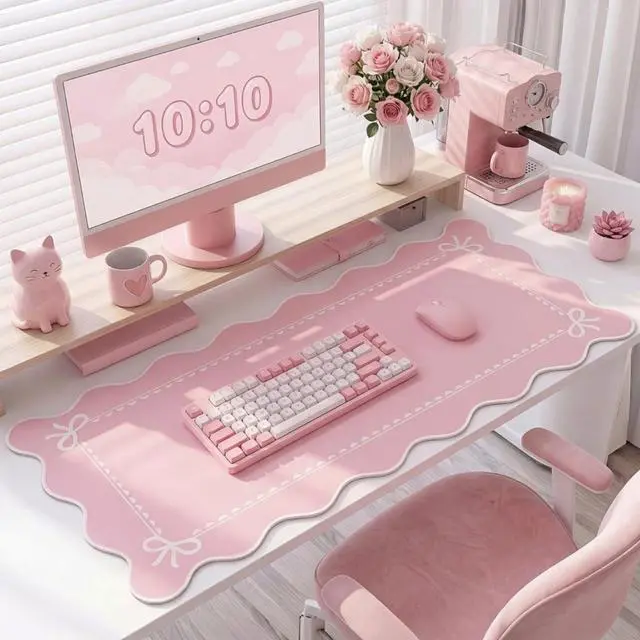 Main image of Scalloped Bow Desk Mat Cute Coquette Large Mouse Pad Kawaii Cottagecore Vintage Rustic Keyboard Pad Nonslip 2026 Graduation Gift with Stitching Waterproof Gaming(Pink)