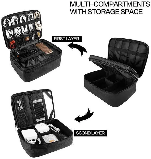 Alt view image 3 of 6 - Organizer, Waterproof Cable Organizer Bag for Electronic Accessories Double Layer Large Shockproof Cable Storage Bag for Cord, Power Bank, Tablet(Up to iPad 11 inch) - Black