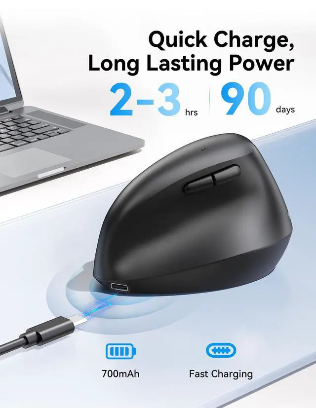 Alt view image 5 of 7 - Ergonomic Mouse, Wireless Bluetooth Vertical Mouse (BT5.3/3.0 & 2.4G) Rechargeable 4800 DPI Optical Mouse with 6 Adjustable DPI, Quiet Clicks, USB A Receiver, 6 Buttons - Wide Compatibility