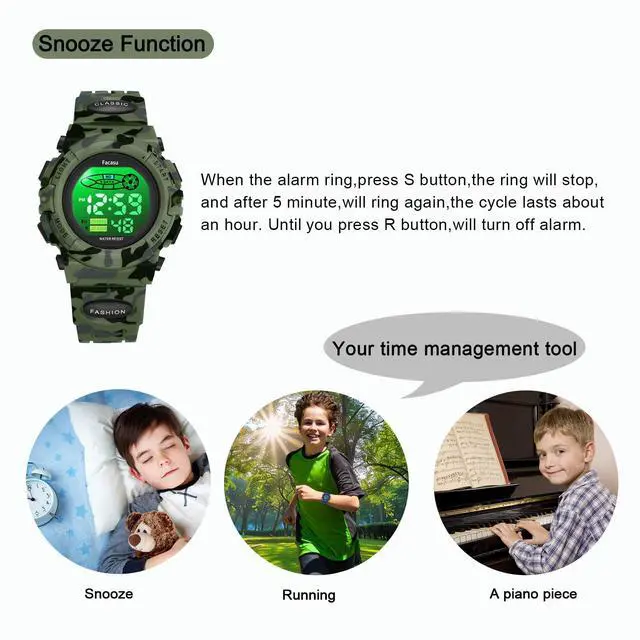 Alt view image 4 of 7 - Camo Sports Watch for Boys-Waterproof Kids Digital Watch with Colorful Light, Alarm&Snooze,Stopwatch Military Design Silicone Band Gift for Birthdays,Christmas(8+ Years)