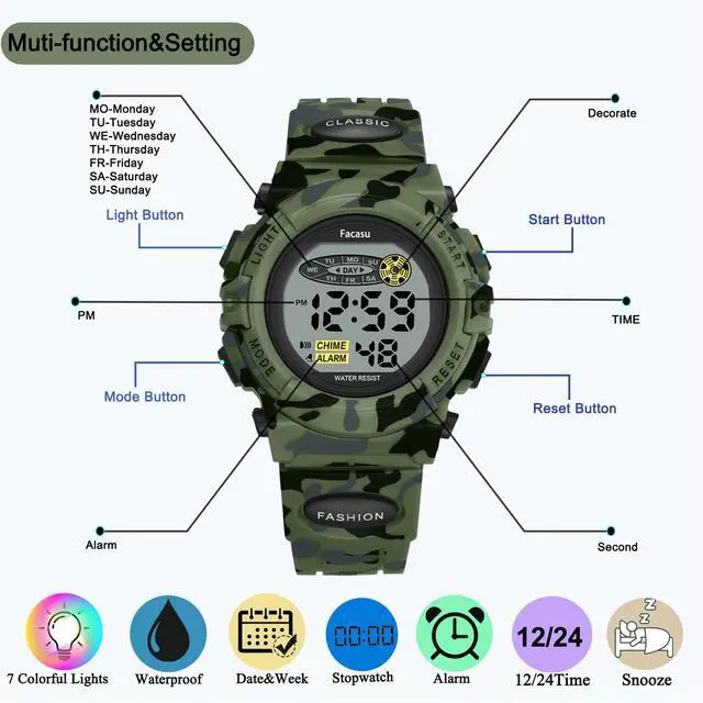 Alt view image 6 of 7 - Camo Sports Watch for Boys-Waterproof Kids Digital Watch with Colorful Light, Alarm&Snooze,Stopwatch Military Design Silicone Band Gift for Birthdays,Christmas(8+ Years)