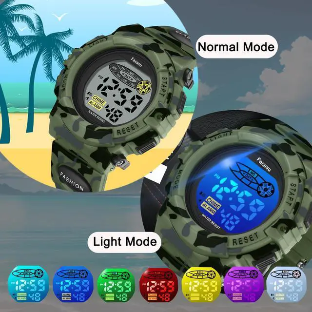 Alt view image 2 of 7 - Camo Sports Watch for Boys-Waterproof Kids Digital Watch with Colorful Light, Alarm&Snooze,Stopwatch Military Design Silicone Band Gift for Birthdays,Christmas(8+ Years)