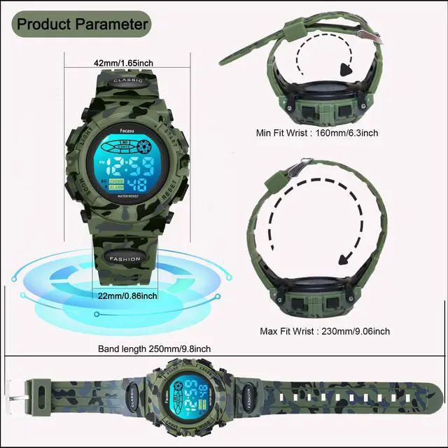 Alt view image 5 of 7 - Camo Sports Watch for Boys-Waterproof Kids Digital Watch with Colorful Light, Alarm&Snooze,Stopwatch Military Design Silicone Band Gift for Birthdays,Christmas(8+ Years)