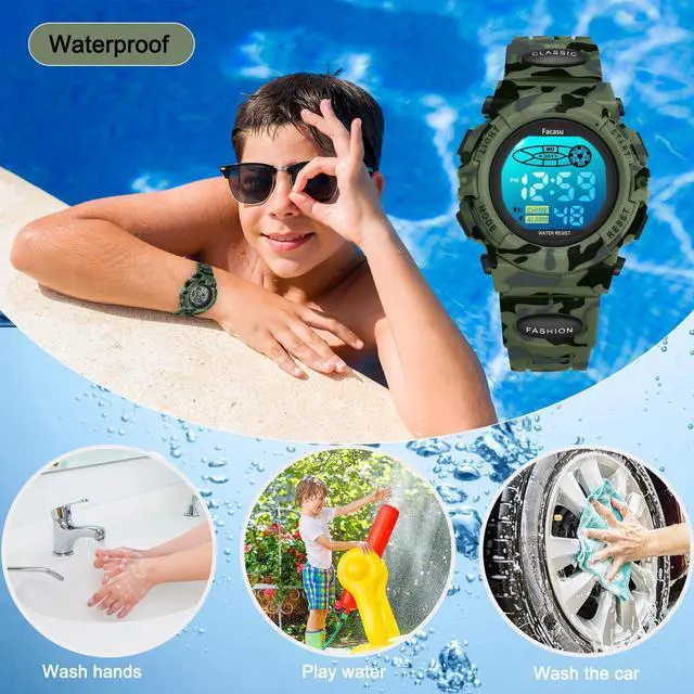 Alt view image 3 of 7 - Camo Sports Watch for Boys-Waterproof Kids Digital Watch with Colorful Light, Alarm&Snooze,Stopwatch Military Design Silicone Band Gift for Birthdays,Christmas(8+ Years)