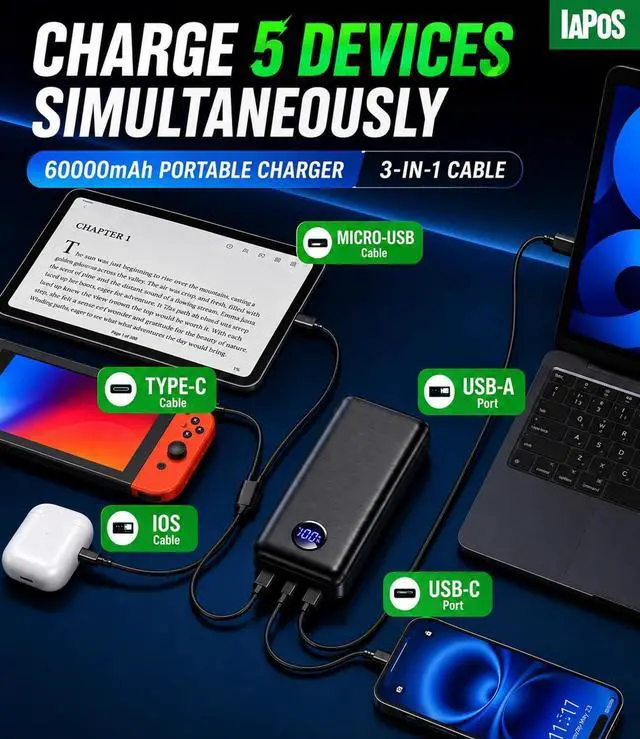Alt view image 3 of 5 - Portable Charger Power Bank - 60,000mAh Battery Pack, 22.5W Fast Charging Phone Charger Attached USB-C/iOS/Micro-USB Cable, Powerbank for iPhone 17 16 15 14 13 Samsung, for Travel Camping Essentials