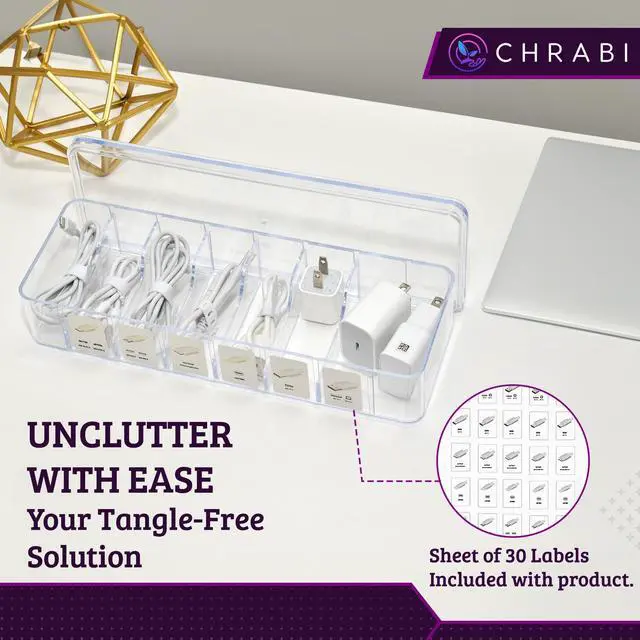 Alt view image 3 of 7 - Set of 3 Cable Organizer Box W/Labels - Charger Box, Stackable W/Lids-Cord Organizer Junk Drawer- Cord Storage Box for Desk -Cable Organizer case