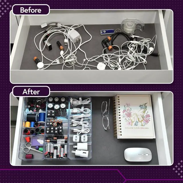Alt view image 6 of 7 - Set of 3 Cable Organizer Box W/Labels - Charger Box, Stackable W/Lids-Cord Organizer Junk Drawer- Cord Storage Box for Desk -Cable Organizer case