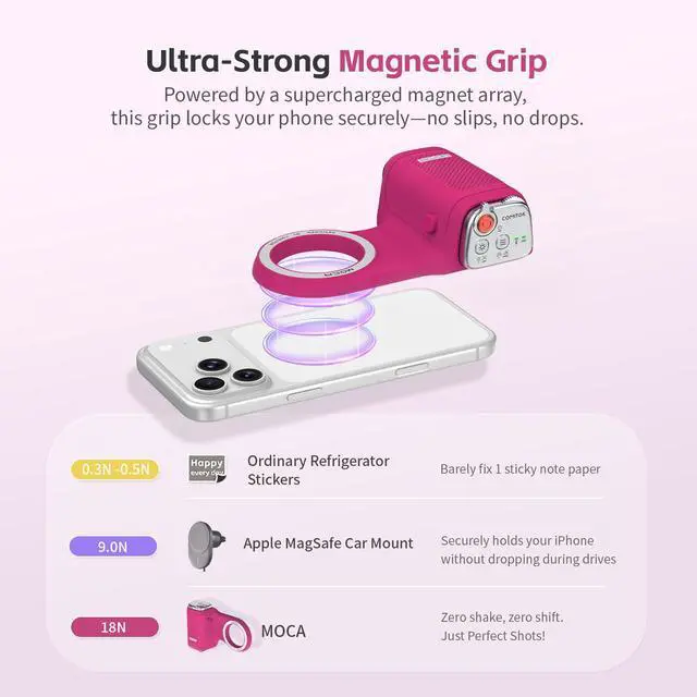 Alt view image 7 of 7 - MOCA iPhone 17 Pro Camera Grip No Need App for iOS26, Compatible iOS17 and iOS18, Fun Shot Magnetic Grip for Phone Native Camera with Anti-Drop Detachable Remote and Convenient Keychain Hook