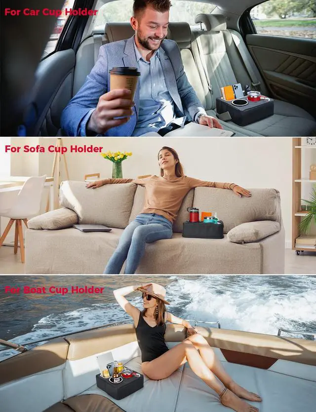 Alt view image 6 of 7 - Back Seat Cup Holder for Car, Couch Cup Holder, Car Truck Boat Organizer, Couch Sofa Bed Expander Tray Holds Drinks, Snacks, Remote, Cell Mobile Phone (Black)