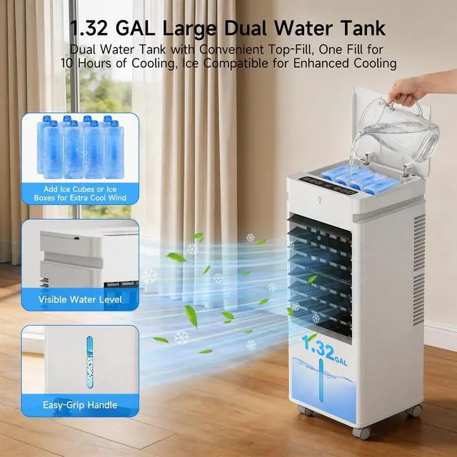 Alt view image 7 of 7 - Portable Air Conditioners,Windowless Swamp Cooler Portable AC Unit, Cooling Fan That Blow Cold Air w/Remote 5L Tank 12 Speeds 9H Timer, Evaporative Air Cooler for Bedroom Indoor Room (white)