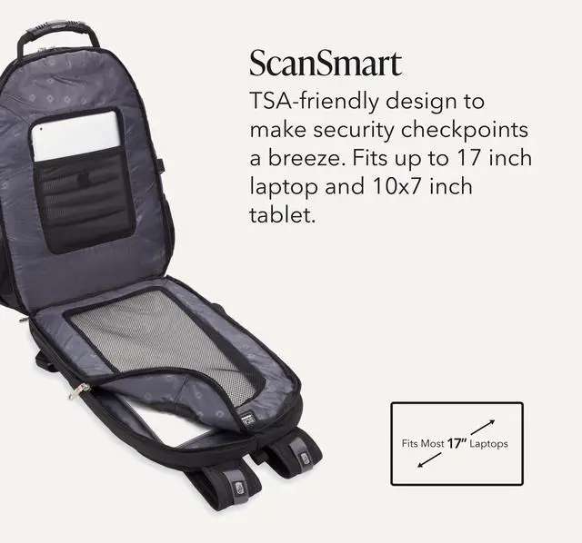 Alt view image 3 of 7 - 1900 ScanSmart Laptop Backpack, Fits Most 17-Inch Laptops, TSA-Friendly Lay-Flat Design, RFID Protection, and Tablet Pocket, Black, 31L, 18.5-Inch