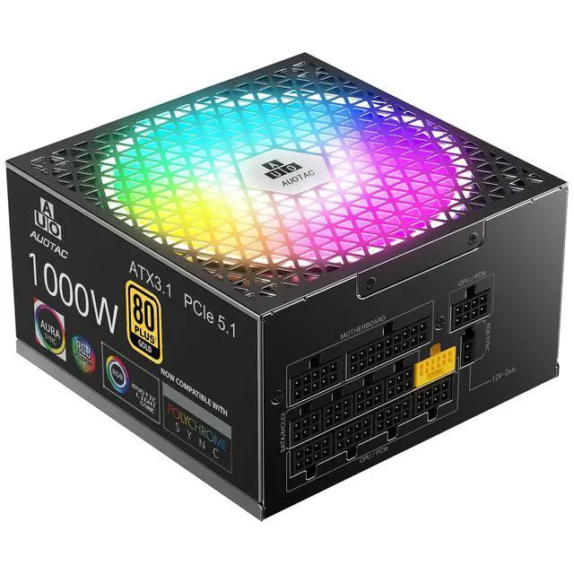 Alt view image 2 of 7 - 1000W Fully Modular Power Supply, 80+ Gold PSU, ATX 3.1 & PCIe 5.1 Ready, Native Dual-Color 12V-2x6 Cable, RGB Low-Noise Smart Fan, 105°C-Rated Capacitors, Black