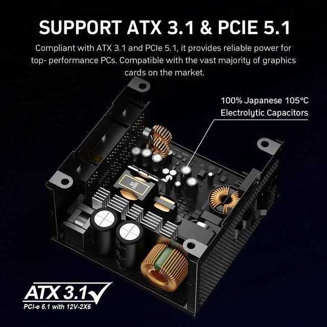 Alt view image 4 of 7 - 1000W Fully Modular Power Supply, 80+ Gold PSU, ATX 3.1 & PCIe 5.1 Ready, Native Dual-Color 12V-2x6 Cable, RGB Low-Noise Smart Fan, 105°C-Rated Capacitors, Black