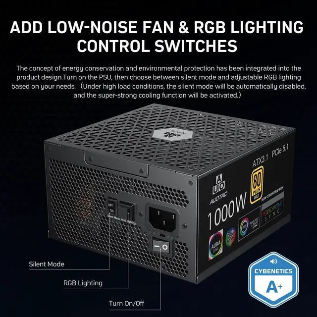 Alt view image 6 of 7 - 1000W Fully Modular Power Supply, 80+ Gold PSU, ATX 3.1 & PCIe 5.1 Ready, Native Dual-Color 12V-2x6 Cable, RGB Low-Noise Smart Fan, 105°C-Rated Capacitors, Black