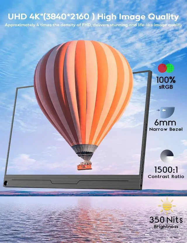 Alt view image 4 of 7 - 4K Portable Monitor 15.6" 3840x2160 UHD USB-C HDMI Laptop Monitor, 100% Adobe RGB IPS Computer Gaming Display HDR Travel Screen w/Speakers for Laptop Xbox PS5 Switch PC Phone