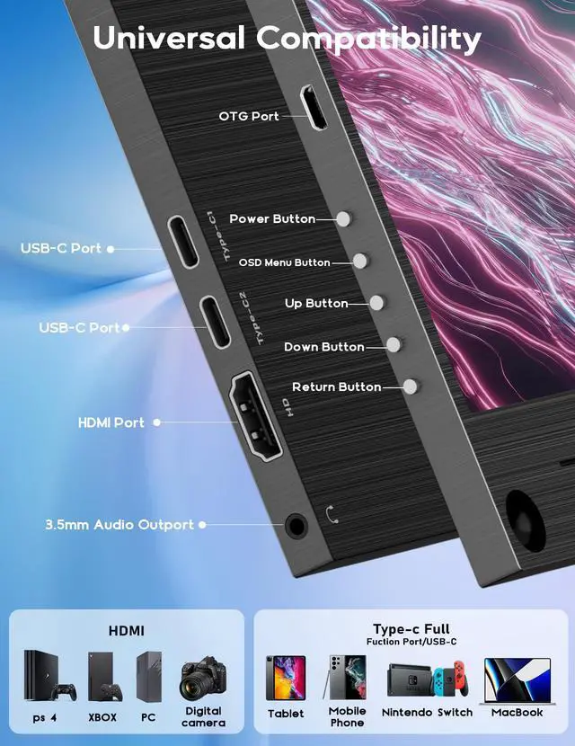 Alt view image 3 of 7 - 4K Portable Monitor 15.6" 3840x2160 UHD USB-C HDMI Laptop Monitor, 100% Adobe RGB IPS Computer Gaming Display HDR Travel Screen w/Speakers for Laptop Xbox PS5 Switch PC Phone