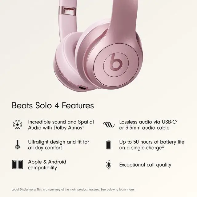 Alt view image 2 of 7 - Solo 4 - Wireless On-Ear Bluetooth Headphones, Up to 50-Hour Battery Life, Ultra-Lightweight Comfort, Powerful and Balanced Sound, Apple & Android Compatible - Amazon Exclusive Metallic Pink