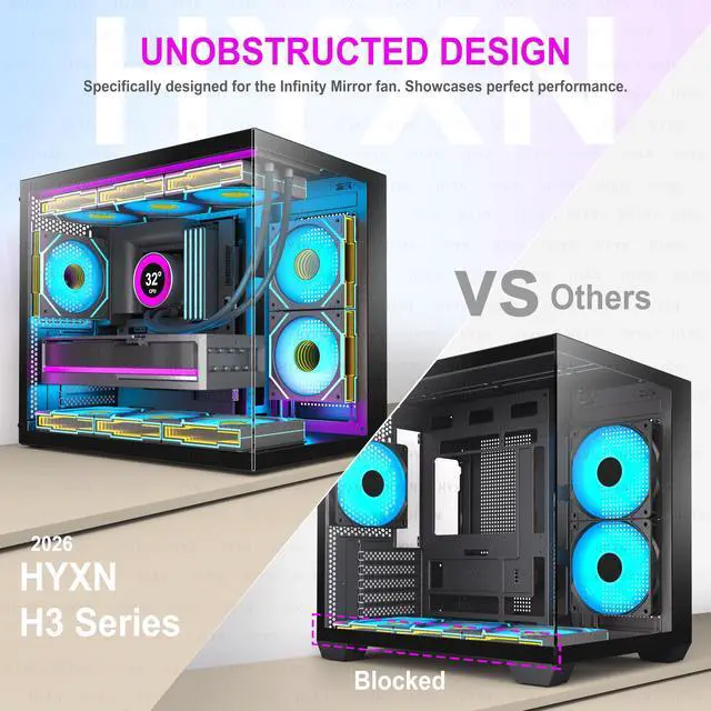 Alt view image 2 of 7 - H3 HYXN ATX PC Case - Pre-Installed with 6 Infinity Mirror PWM ARGB Fans - Compact Dual Cavity Mid-Tower PC Gaming Case - with Type-C 3.2-360mm Radiator Support, Black