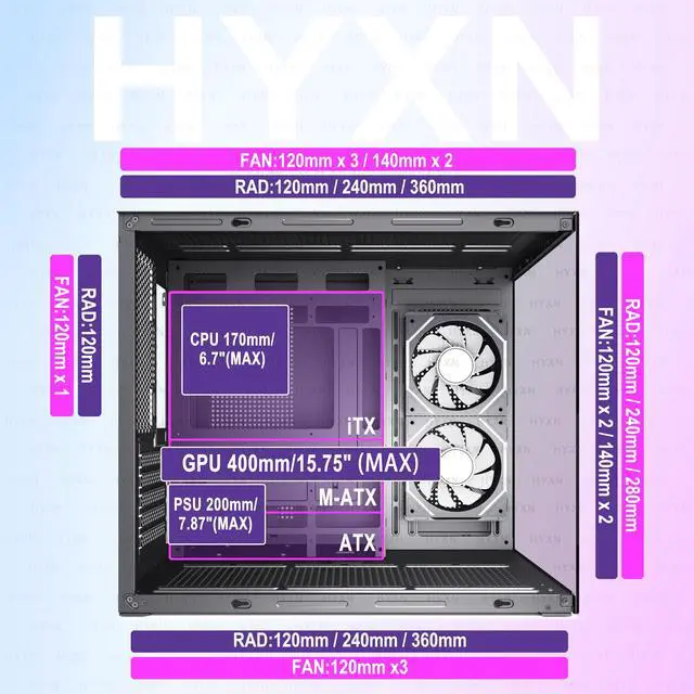 Alt view image 6 of 7 - H3 HYXN ATX PC Case - Pre-Installed with 6 Infinity Mirror PWM ARGB Fans - Compact Dual Cavity Mid-Tower PC Gaming Case - with Type-C 3.2-360mm Radiator Support, Black