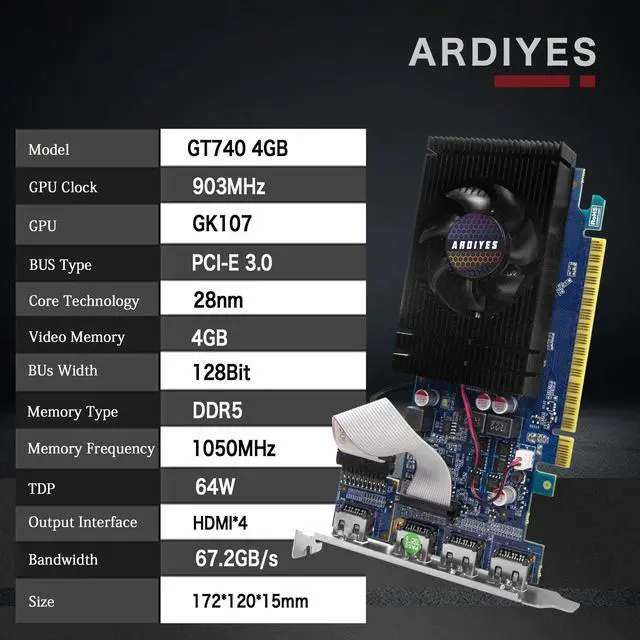 Alt view image 2 of 6 - GT 740 4GB GDDR5 Low Profile GPU Graphics Card, 4X HDMI Ports for Quad Multi-Monitor Setup, PCI Express 3.0 x16, Silent Cooling, Ideal for Office and Home Theater
