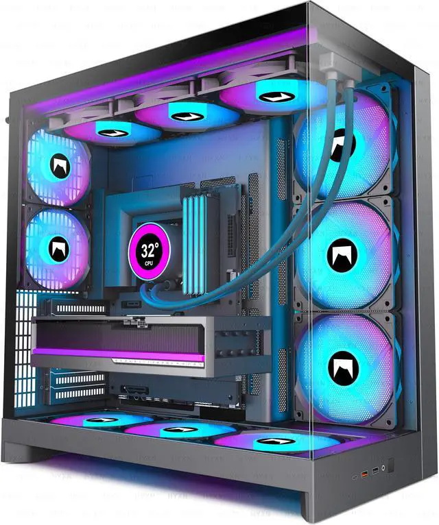 Main image of H2 (2026) HYXN ATX PC Case, Pre-installed 8 PWM ARGB Fans (6X140mm,2X120mm), Large Dual-Chamber ATX Mid-Tower Airflow Computer Case, Gaming PC Case, 420mm Radiator Support, Type-C 3.2 (Black RGB)