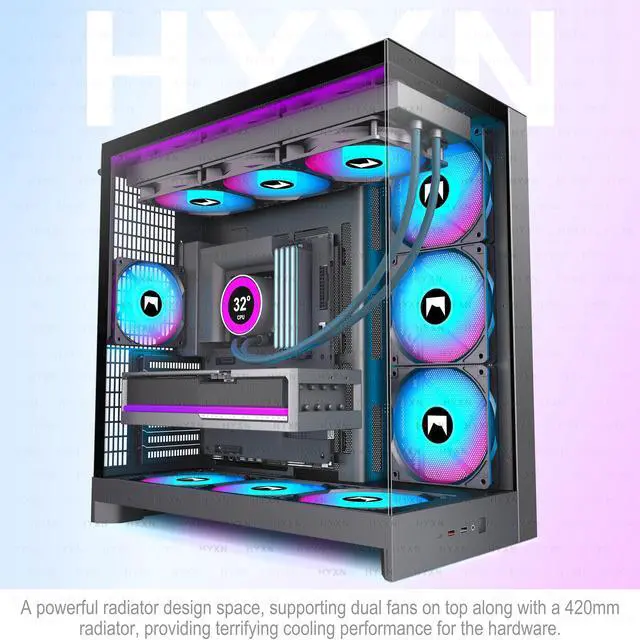 Alt view image 2 of 7 - H2 (2026) HYXN ATX PC Case, Pre-installed 8 PWM ARGB Fans (6X140mm,2X120mm), Large Dual-Chamber ATX Mid-Tower Airflow Computer Case, Gaming PC Case, 420mm Radiator Support, Type-C 3.2 (Black RGB)