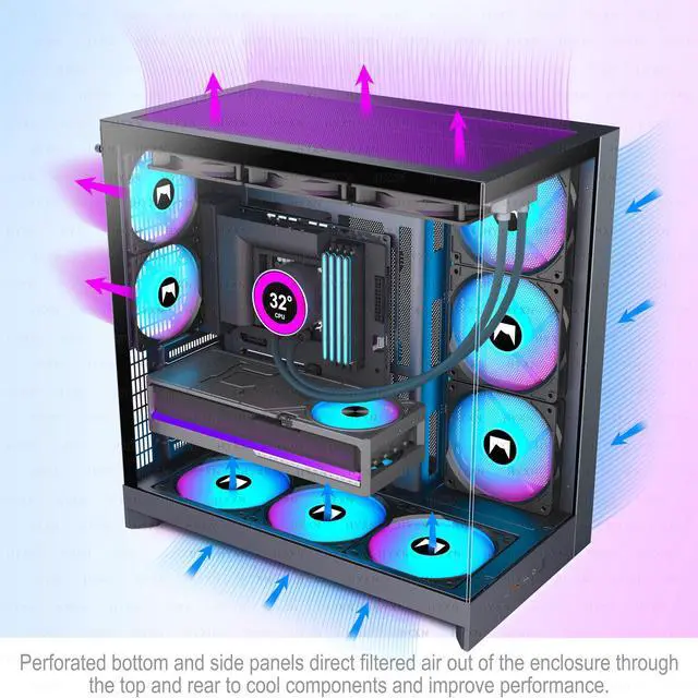 Alt view image 4 of 7 - H2 (2026) HYXN ATX PC Case, Pre-installed 8 PWM ARGB Fans (6X140mm,2X120mm), Large Dual-Chamber ATX Mid-Tower Airflow Computer Case, Gaming PC Case, 420mm Radiator Support, Type-C 3.2 (Black RGB)