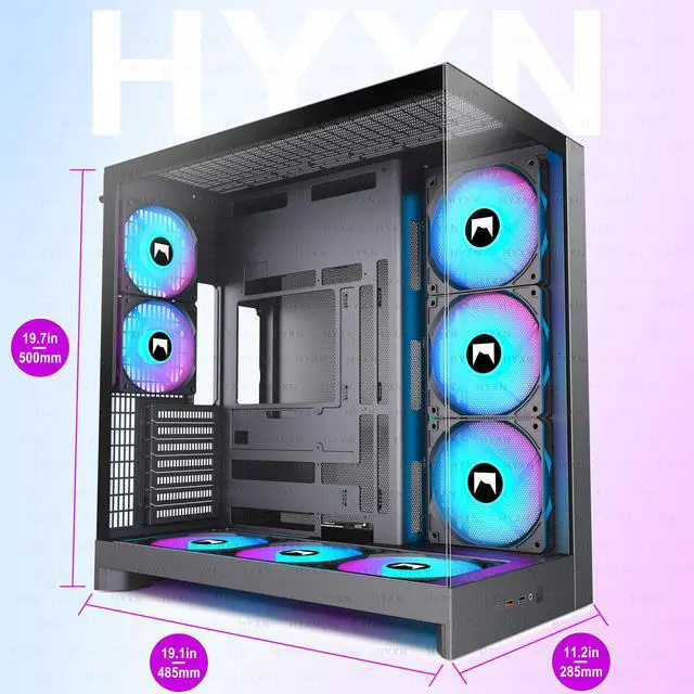 Alt view image 5 of 7 - H2 (2026) HYXN ATX PC Case, Pre-installed 8 PWM ARGB Fans (6X140mm,2X120mm), Large Dual-Chamber ATX Mid-Tower Airflow Computer Case, Gaming PC Case, 420mm Radiator Support, Type-C 3.2 (Black RGB)