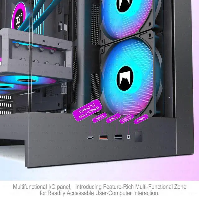 Alt view image 7 of 7 - H2 (2026) HYXN ATX PC Case, Pre-installed 8 PWM ARGB Fans (6X140mm,2X120mm), Large Dual-Chamber ATX Mid-Tower Airflow Computer Case, Gaming PC Case, 420mm Radiator Support, Type-C 3.2 (Black RGB)