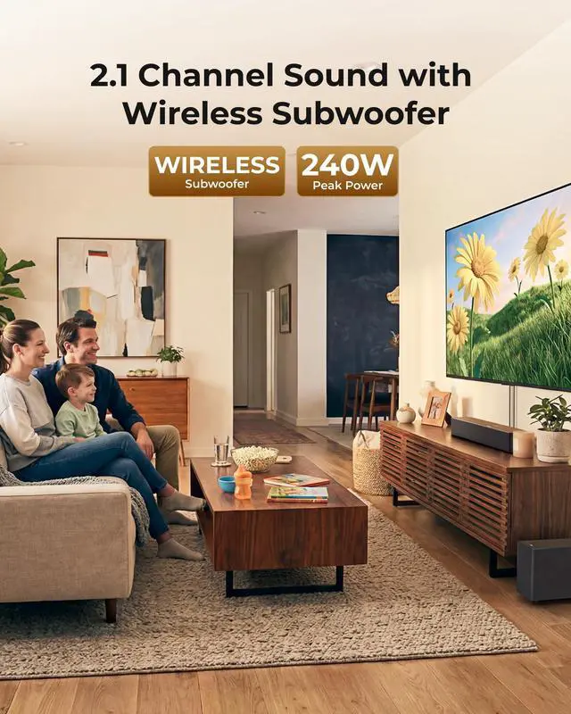 Alt view image 2 of 7 - Sound Bar with Wireless Subwoofer, 240W Peak Power, VoiceMX & BassMX, App Control, 2.1ch Soundbar for Smart TV, Adjustable Bass, HDMI, Optical, Bluetooth 6.0, Poseidon M30 (2026 Model)