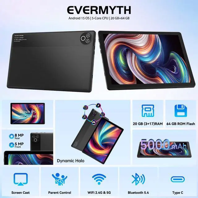 Alt view image 2 of 7 - Android 15 Tablet 10 Inch, 20GB RAM 64GB ROM 1TB Expandable, Fast WiFi 6 & BT 5.4 Electronics Tablets 5-Core, HD IPS Touchscreen, 8H+ Battery, 2*Camera Tablet for Kids & Adults, Gift, Streaming, Work