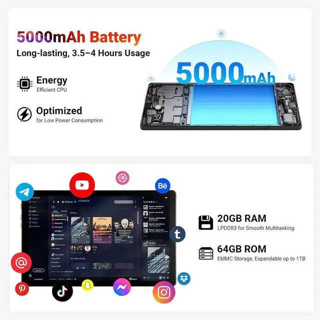 Alt view image 6 of 7 - Android 15 Tablet 10 Inch, 20GB RAM 64GB ROM 1TB Expandable, Fast WiFi 6 & BT 5.4 Electronics Tablets 5-Core, HD IPS Touchscreen, 8H+ Battery, 2*Camera Tablet for Kids & Adults, Gift, Streaming, Work