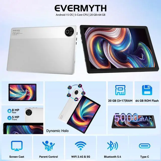 Alt view image 2 of 7 - Android 15 Tablet 10 Inch, 20GB RAM 64GB ROM 1TB Expandable, Fast WiFi 6 & BT 5.4 Tablets 5-Core, HD IPS Touchscreen, 8H+ Battery, Dual Camera Portable Tablet for Kids & Adults, Gift, Streaming -White