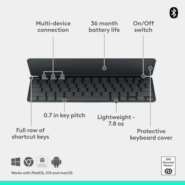 Alt view image 6 of 7 - Keys-to-GO 2 Portable Bluetooth Tablet Keyboard with Built-in Cover, Slim & Compact Wireless Keyboard for Windows, Android, Linux, iPad, iPhone, Mac, Apple TV - Graphite