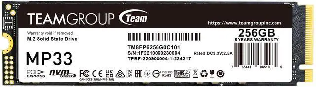Main image of MP33 256GB SLC Cache 3D NAND TLC NVMe 1.3 PCIe Gen3x4 M.2 2280 Internal SSD R/W Speed up to 1600/1000 MB/s Laptop&PC Desktop TM8FP6256G0C101