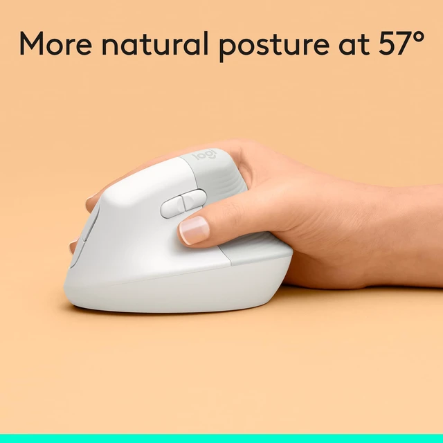 Alt view image 3 of 7 - Logitech Lift Vertical Ergonomic Wireless Mouse - Off White | Connect via Bluetooth or included Logi Bolt USB-A receiver, quiet clicks, 4 of 6 buttons customizable, Windows Mac compatible