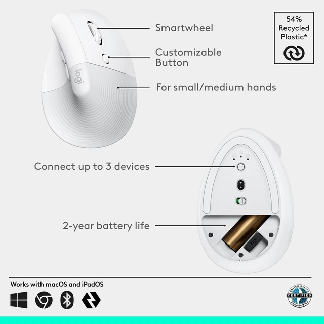 Alt view image 5 of 7 - Logitech Lift Vertical Ergonomic Wireless Mouse - Off White | Connect via Bluetooth or included Logi Bolt USB-A receiver, quiet clicks, 4 of 6 buttons customizable, Windows Mac compatible