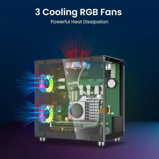 Alt view image 3 of 7 - Mini PC Case for Raspberry Pi 5: Aluminum Case with 3 Cooling Fans, 1.3" OLED Display, PCIe M.2 NVMe SSD 2230/2242/2260/2280 Support, RTC, Full Port Access, Compact (Pitower Gen 1)