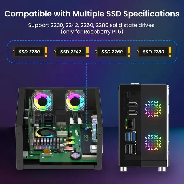 Alt view image 4 of 7 - Mini PC Case for Raspberry Pi 5: Aluminum Case with 3 Cooling Fans, 1.3" OLED Display, PCIe M.2 NVMe SSD 2230/2242/2260/2280 Support, RTC, Full Port Access, Compact (Pitower Gen 1)