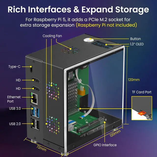 Alt view image 5 of 7 - Mini PC Case for Raspberry Pi 5: Aluminum Case with 3 Cooling Fans, 1.3" OLED Display, PCIe M.2 NVMe SSD 2230/2242/2260/2280 Support, RTC, Full Port Access, Compact (Pitower Gen 1)