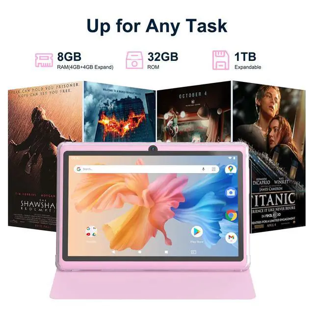 Alt view image 4 of 7 - Android 14.0 Tablet 7", RAM 8GB(3+5Expand)+32GB ROM Tablets, Dual Camera, 1024 x 600 IPS Display Screen, 1TB Expand, Tablet with Case (Pink)