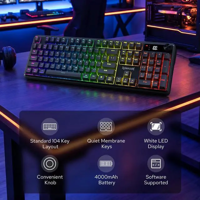 Alt view image 2 of 7 - K526 PRO RGB Wireless Membrane Gaming Keyboard, 104 Keys Mechanical-Feel Keyboard w/LED Info Display, Media/Backlit Knob Control, Smooth Linear Switch & Software Supported