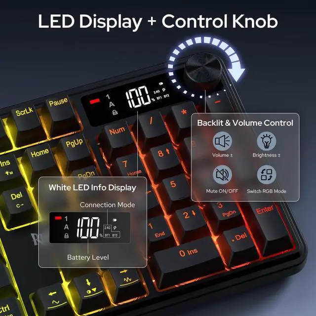 Alt view image 3 of 7 - K526 PRO RGB Wireless Membrane Gaming Keyboard, 104 Keys Mechanical-Feel Keyboard w/LED Info Display, Media/Backlit Knob Control, Smooth Linear Switch & Software Supported